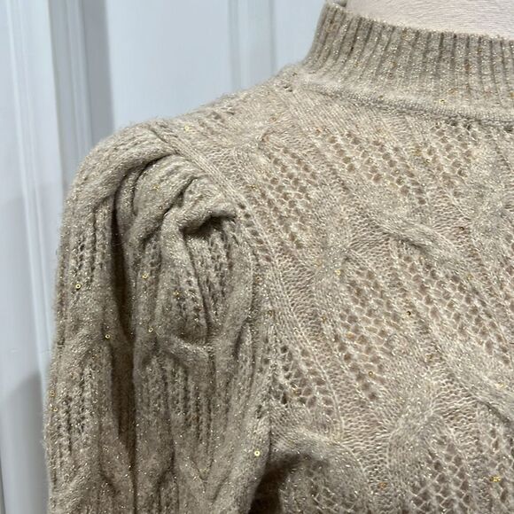 NWOT Express Metallic Sweater Puff Sleeve Gold threading Open Stitch Size Small - Picture 4 of 16